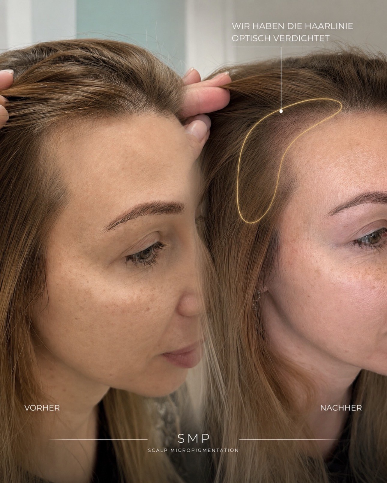 Scalp Micropigmentation bei einer Frau, vorher und nachher